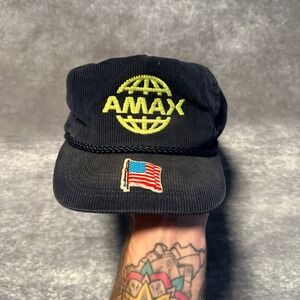 Vintage AMAX Corduroy Snapback Hat Embroidered Logo American Flag USA Made